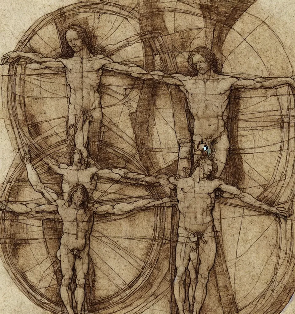 Image similar to Leonardo da Vinci's Vitruvian Man crucified on a cross, full body, centered