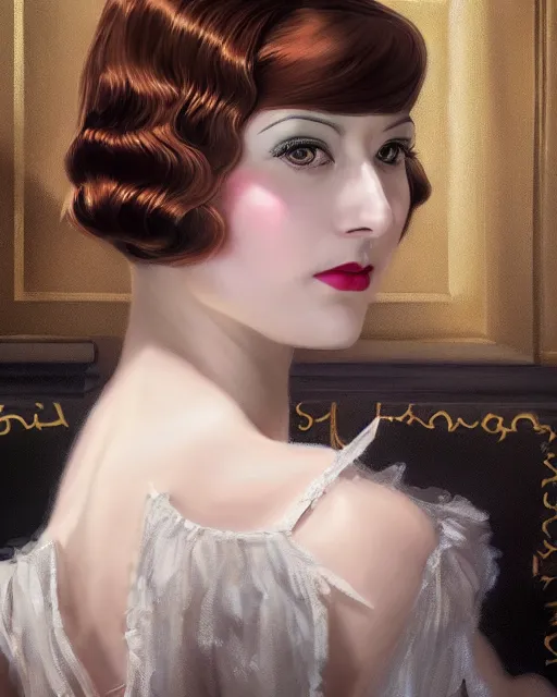 Prompt: artgerm and wlop portrait digital realist painting of a 1 9 2 0 s beautiful woman at a party in a mansion, mansion interior in the background, unreal engine, hyper realism, realistic shading, cinematic composition, realistic render, octane render, detailed textures, photorealistic, ultrawide shot, 3 5 mm film