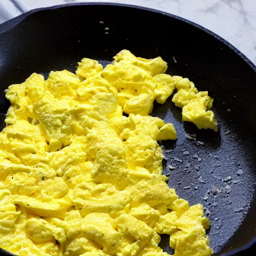Prompt: scrambled eggs in a cast iron skillet, photorealistic