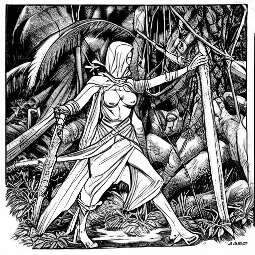 Prompt: mummy walks through the jungle, old school dungeons and dragons art, old school fpr, black and white image