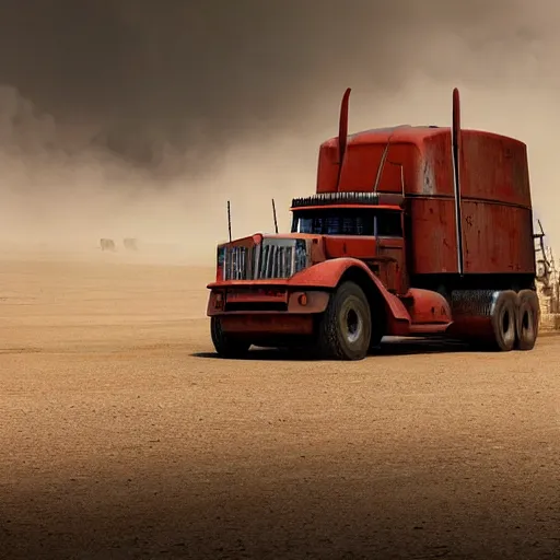 Prompt: argosy tractor trailer truck in mad max : fury road, midday light, dust storm,