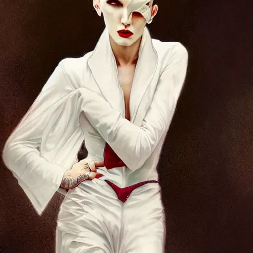 Image similar to beautiful portrait of androgynous ruby rose as desire from sandman in a white tuxedo!!!, rockabilly style, art deco, by alphonse mucha, cedric peyravernay, by jeremy mann, by frank moth, white suit and black tie, soft lightning, high detailed, 8 k