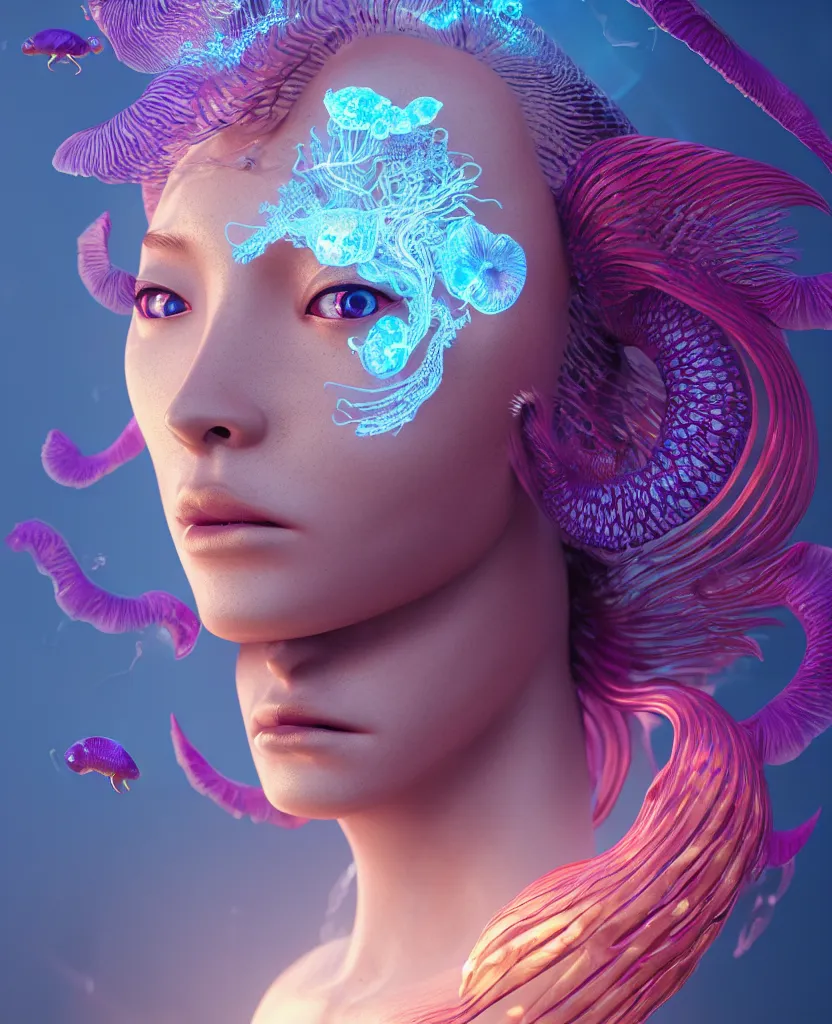 Image similar to goddess close-up portrait. orchid jellyfish phoenix head, nautilus, skull, betta fish, bioluminiscent creatures, intricate artwork by Tooth Wu and wlop and beeple. octane render, trending on artstation, greg rutkowski very coherent symmetrical artwork. cinematic, hyper realism, high detail, octane render, 8k