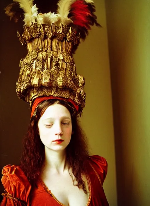 Image similar to portrait of young woman in renaissance dress and renaissance headdress, art by nan goldin