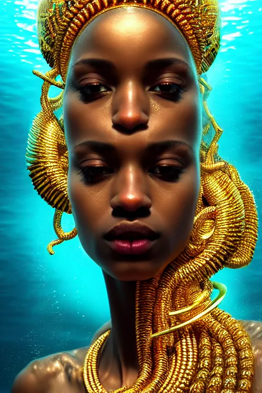 Image similar to hyperrealistic cinematic half underwater scene very expressive! translucent elegant african goddess, gold jewerly, highly detailed face, digital art masterpiece, aykut aydogdu zener, dramatic volumetric light, long shot, low angle uhd 8 k, sharp focus