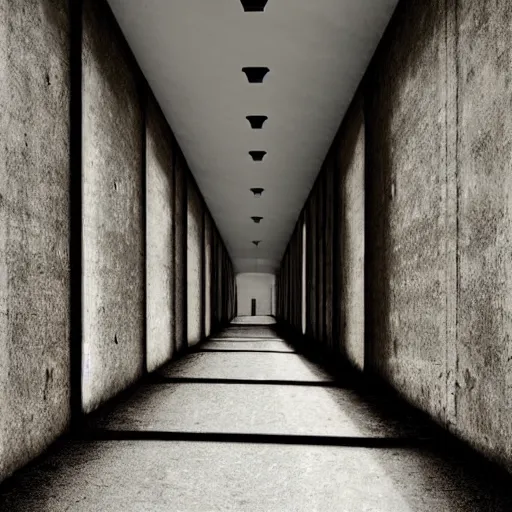 Image similar to a long asylum hallway, one point perspective, vanishing point, symmetrical composition, by lee madgwick, photorealistic, lumion render - w 1 0 2 4