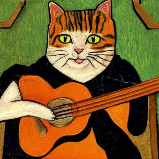Prompt: medieval portrait of a cat playing guitar, colorful