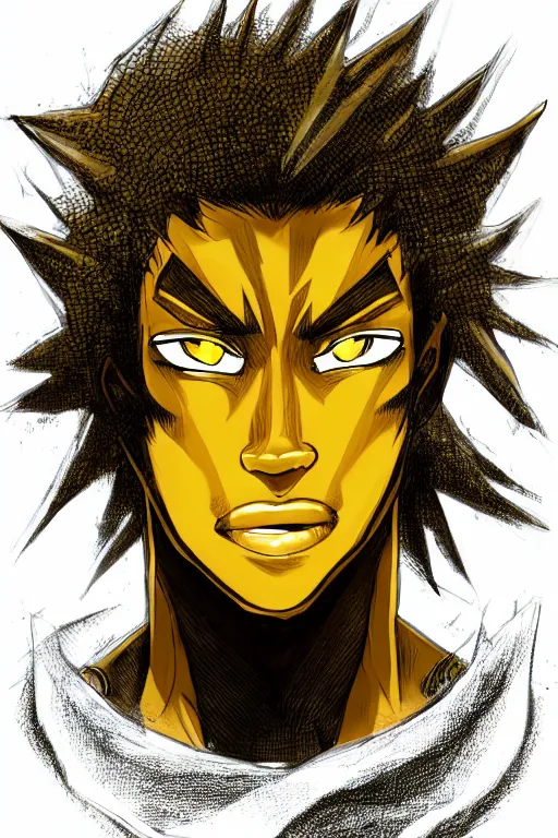 Prompt: glowing black male anime character, golden hair, yellow eyes, symmetrical, highly detailed, digital art, sharp focus, trending on art station, crazy hair, electricity everywhere, anime art style