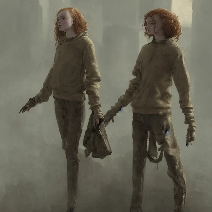 Prompt: sadie sink in old decaying beige sweater : costume design concept art for a scifi cyberpunk film. by greg rutkowski, john j. park, jason chan, noah bradley, feng zhu, gintas galvanauskas, gustave courbet, rosa bonheur, edward hopper. sharp focus, cinematic atmosphere, detailed and intricate, perfect anatomy