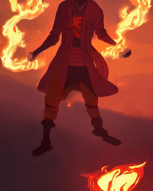 Image similar to squidward wearing fire nation clothing and practicing firebending outside at susnset, [ [ [ [ [ [ greg rutkowski ] ] ] ] ] ]