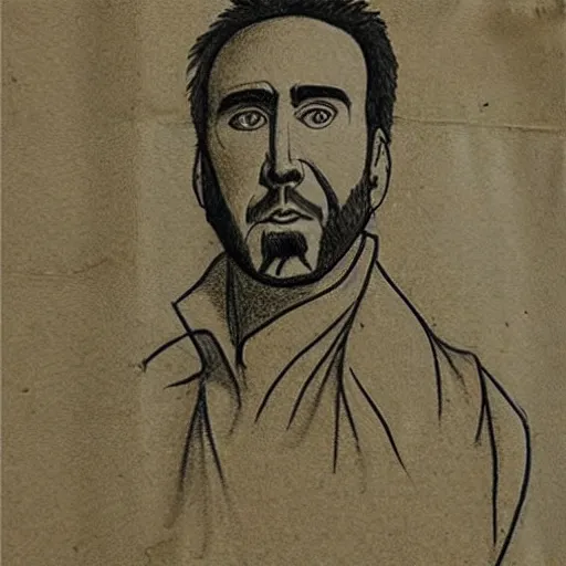 Image similar to an ancient manuscript drawing of nicolas cage