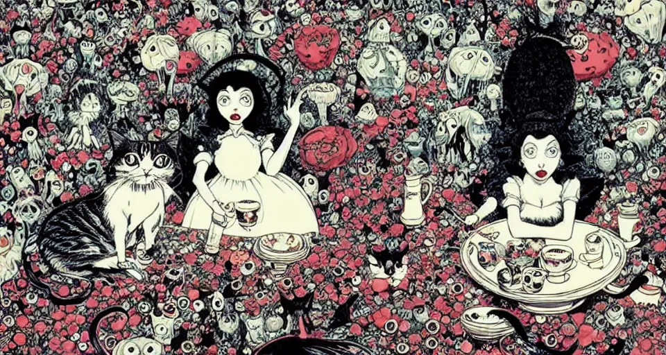 Image similar to tim burton alice in wonderland movie still frame by yuko shimizu, tee party with a cat by yuko shimizu and tim burton