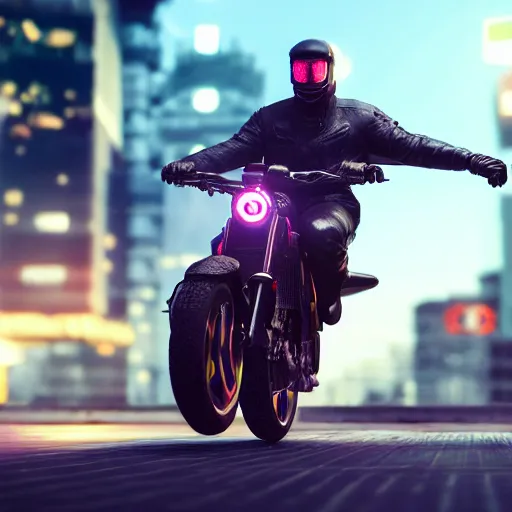 Image similar to a hyperrealistic 3d render of Remi Malek riding a bike. intricate details. arnold render. Trending on ArtStation. Centered. Vivid cinematic lighting. Cyberpunk background. In the style of LaVista.