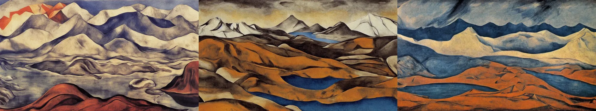 Prompt: lakeside mountains, by david alfaro siqueiros