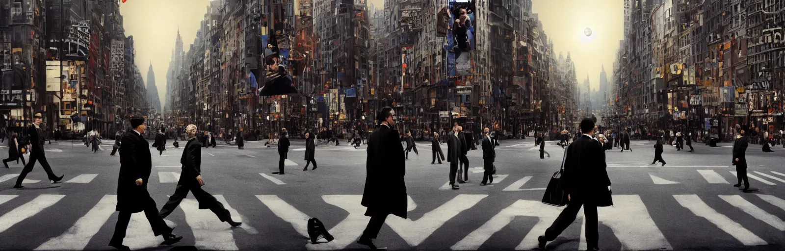 Image similar to People crossing the street from the movie Inception by Christopher Nolan, recursive intersections, surreal, photograph, highly detailed, high evolution, legendary, smooth, sharp focus, dynamic lighting, 4k, by Rene Magritte