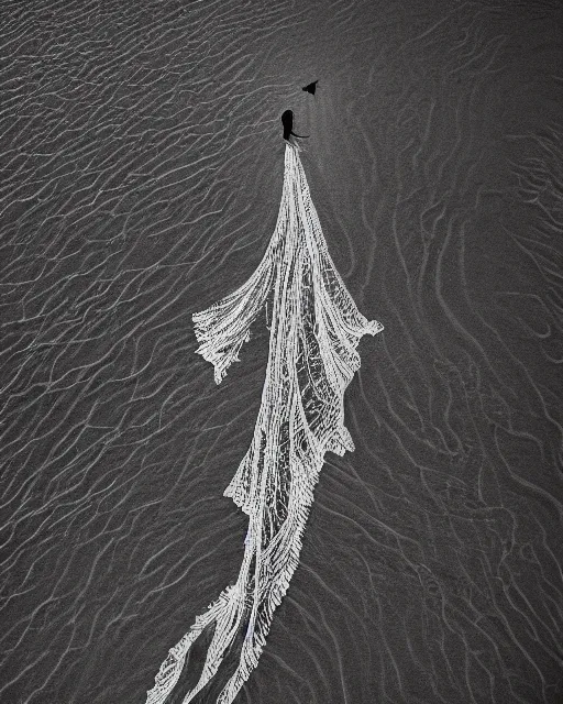 Image similar to a woman standing on a beach, made of intricate decorative lace leaf skeleton, shot from a drone, in the style of the dutch masters and gregory crewdson, dark and moody