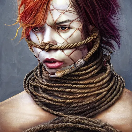 Image similar to portrait of a Shibari rope wrapped face and neck, headshot, insanely nice professional hair style, dramatic hair color, digital painting, of a old 15th century, zulu warrior, amber jewels, baroque, ornate clothing, scifi, realistic, hyperdetailed, chiaroscuro, concept art, art by Franz Hals and Jon Foster and Ayami Kojima and Amano and Karol Bak,