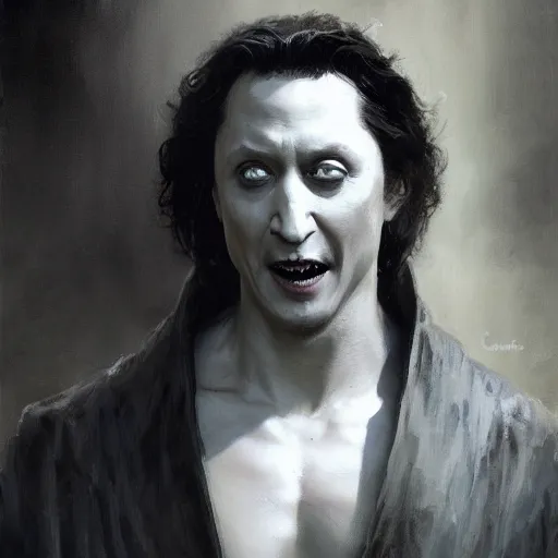 Image similar to detailed realistic cinematic wide shot of beautiful attractive rob schneider vampire man wearing black bath robe slim face symettrical face clean skin black eyes black robe smooth, sharp focus, ultra realistic, spring light, painting by gaston bussiere, craig mullins, j. c. leyendecker