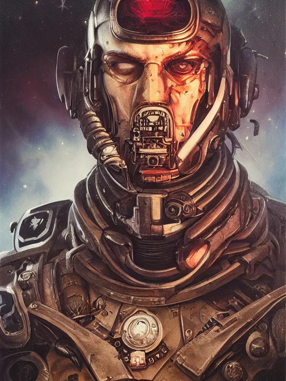 Image similar to art portrait of a space marine ,8k,by tristan eaton,Stanley Artgermm,Tom Bagshaw,Greg Rutkowski,Carne Griffiths, Ayami Kojima, Beksinski, Giger,trending on DeviantArt,face enhance,hyper detailed,minimalist,cybernetic, android, blade runner,full of colour,