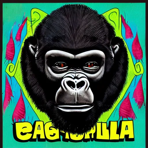 Prompt: gorilla illustrated in the style of can's tago mago album cover