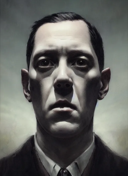 Prompt: highly detailed portrait of h p lovecraft by greg rutkowski, mike mignola, tom bagshaw artgerm and ross tran, beautiful dramatic dark moody lighting, volumetric, cinematic atmosphere, photorealism, glossy magazine painting, global illumination, deep color, 8 k resolution, high details, flickr, dslr, zbrushcentral, cgsociety, artstation