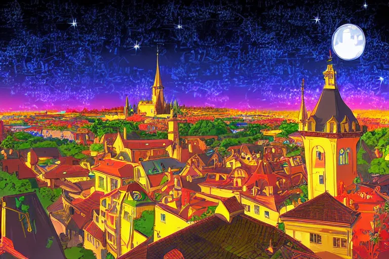 Prompt: anime digital art view from castle balcony vibrant night sky overlooking kingdom