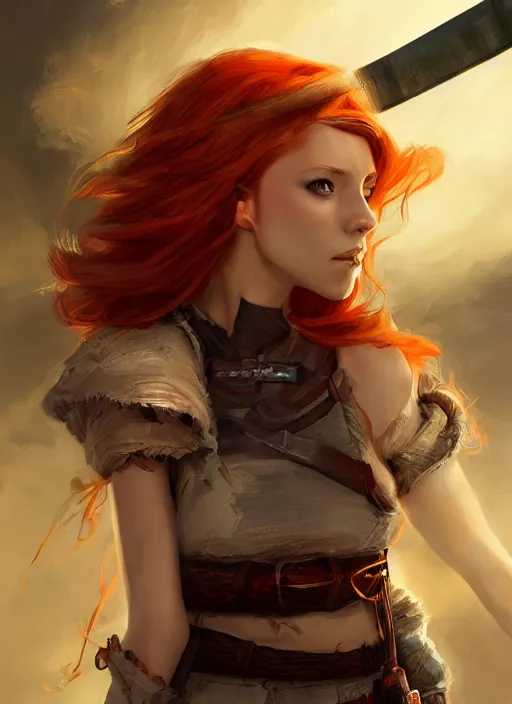 Image similar to Redhead girl which chest wrapped in bandages with katana in desert, fantasy, medieval, vivid colors, fantasy, elegant, concept art, sharp focus, beautiful face, digital art, Hyper-realistic, 4K, Unreal Engine, Highly Detailed, HD, Dramatic Lighting by Brom, trending on Artstation