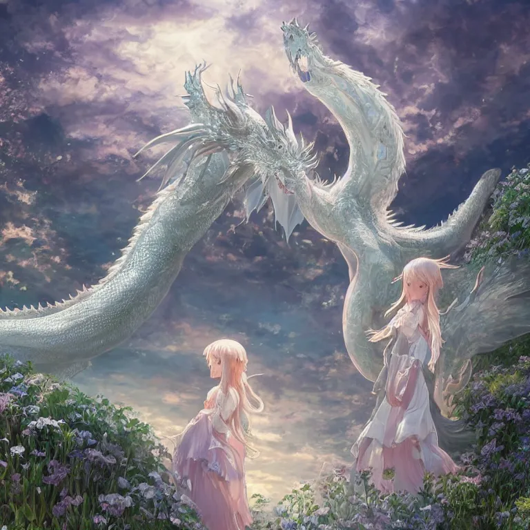 Prompt: the beautiful hyper detailed scene render that a lonely beautiful girl lies in the arms of a huge silver white dragon alone in fairyland surrounded by white clouds, finely detailed angelic face delicate, style of studio ghibli, makoto shinkai, raphael lacoste, louis comfort tiffany, artgerm, james jean, ross tran, animation style, hd, ultra wide angle