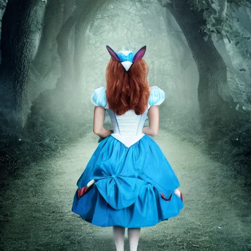 Prompt: beautiful full body portrait of alice in wonderland, middle aged, atmospheric, 4 k, strap shoes, white rabbit in background