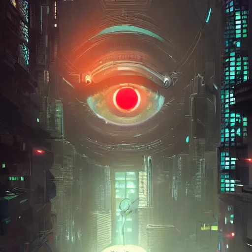 Prompt: giant robotic eye staring menacingly!!, cyberpunk city, by makoto shinkai, greg rutkowski, artstation, high detailed, cgsociety