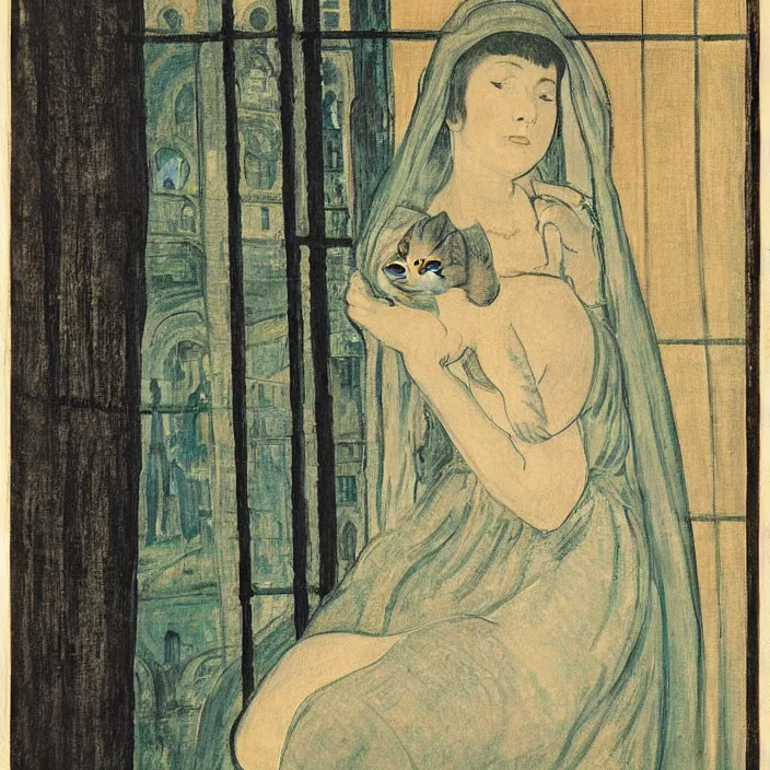 Image similar to close portrait of woman in night gown with cat, with city with gothic cathedral seen from a window frame with curtains. night. lucas cranach, georges de la tour, henri de toulouse - lautrec, utamaro, monet