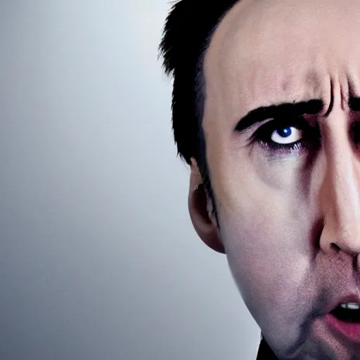 Image similar to nic cage but he is emaciated and starving to death, movie still, hd digital photography