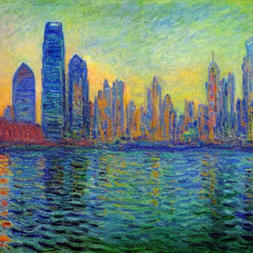 Image similar to the singapoore skyline painted by claude monet