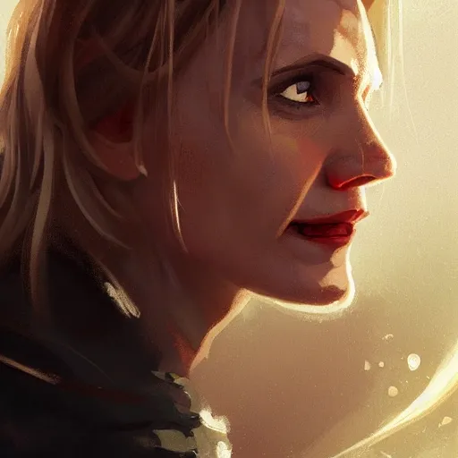 Prompt: A portrait of Cameron Diaz as a Thief, Magic the Gathering art, art by greg rutkowski, matte painting, trending on artstation