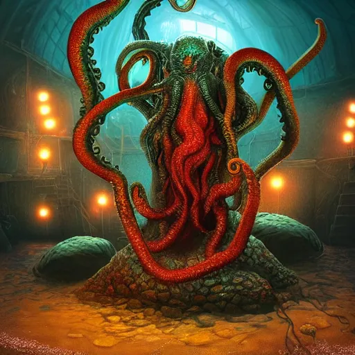 Image similar to dystopian fantasy undersea rock concert. On stage, the drummer is Cthulhu squid woman with tentacles playing a big rock&roll drum kit, by Philipp A. Urlich and H. R. Geiger and H. P. Lovecraft, fantasy, intricate, elegant, highly detailed, digital painting, artstation, blender, unreal engine 5, octane render, smooth, sharp focus, illustration