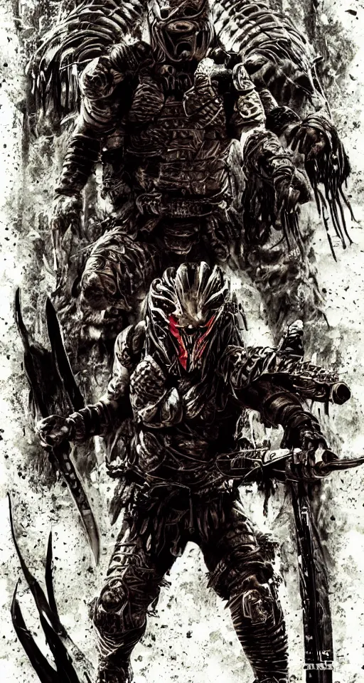 Prompt: movie ( predator vs samurai ) film poster art for hiroyuki sanada as samurai verses predator. in the style of ansel adams, frank frazzetta, realistic, detailed, octane