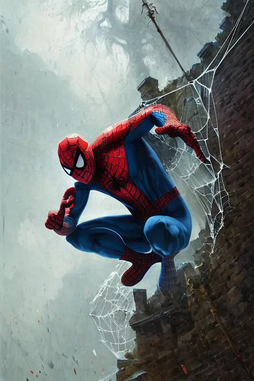 Image similar to spiderman covered with webs, legendary warrior, heroic fighter, world of warcraft, decorative ornaments, battle armor, by carl spitzweg, ismail inceoglu, vdragan bibin, hans thoma, greg rutkowski, alexandros pyromallis, perfect face, sharply focused, sharply detailed, centered, rule of thirds, realistic shading