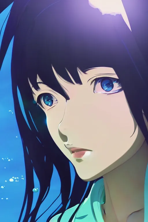 Image similar to makoto shinkai, artgerm, ilya kuvshinov, beautiful anime women with green dress, long blue hair, water powers water swirling, symmetrical face, symmetrical eyes, detailed, beach setting, cinematic lighting