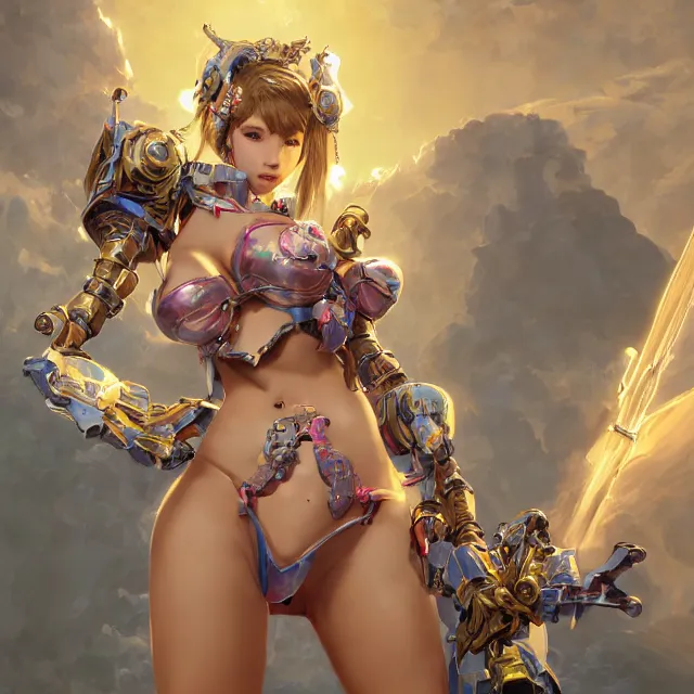Prompt: studio portrait of lawful good colorful female holy mecha paladin absurdly beautiful, elegant, young curvy bikini model, ultrafine hyperrealistic detailed face illustration by kim jung gi, irakli nadar, intricate linework, sharp focus, bright colors, matte, octopath traveler, final fantasy, unreal engine highly rendered, global illumination, radiant light, intricate environment