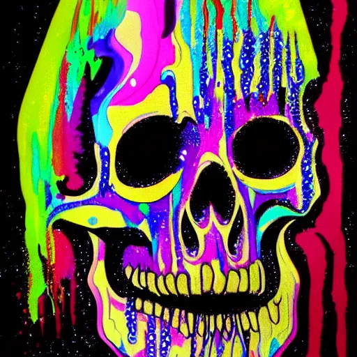 Prompt: drippy, dripping paint, skull, psychedelic, glitch, miyazaki style, exaggerated accents