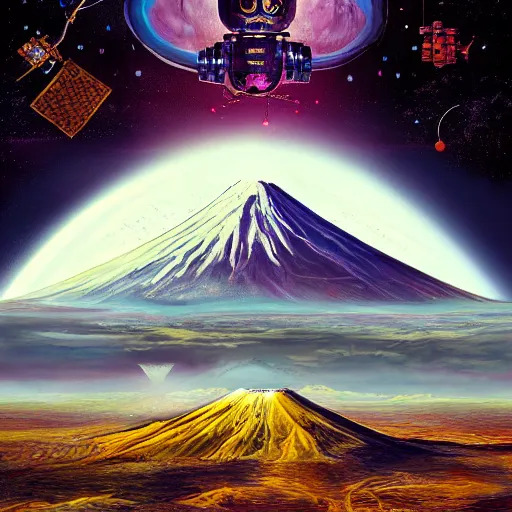 Image similar to On the morning of the robot queen's coronation, The Mekanik Doll, chubby moss kitten, Mount Fuji seen from the International Space Station, the theme of Alice in Wonderland, digital painting, concept art, illustration, deep dark, artstation, intricate, beautiful and thematically complex, ue5, by Dylan Kowalski and deiv calviz