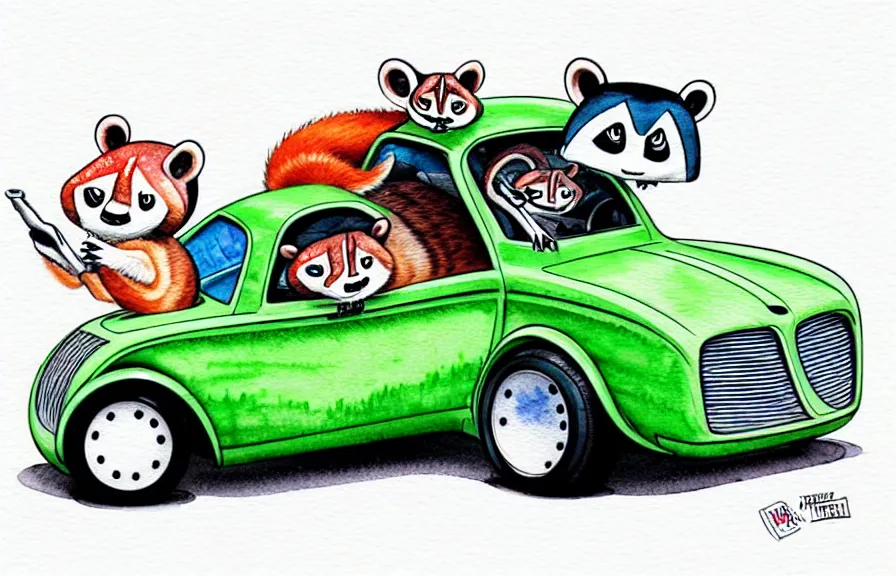 Image similar to cute and funny, racoon riding in a tiny hot rod coupe with oversized engine, ratfink style by ed roth, centered award winning watercolor pen illustration, isometric illustration by chihiro iwasaki, edited by range murata