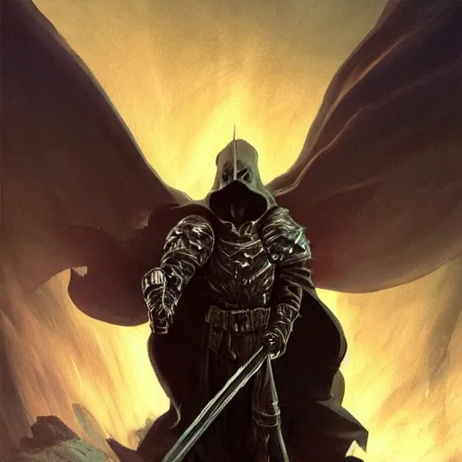 Prompt: hooded knight by frank frazetta, flowing cape, dynamic pose, chiaroscuro, fantasy, very detailed, dungeons & dragons, sharp focus, striking, artstation contest winner, detailed