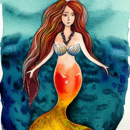 Prompt: a sunrise scene of a mermaid with hair that becomes an ocean wave, watercolor painting, professional, concept art