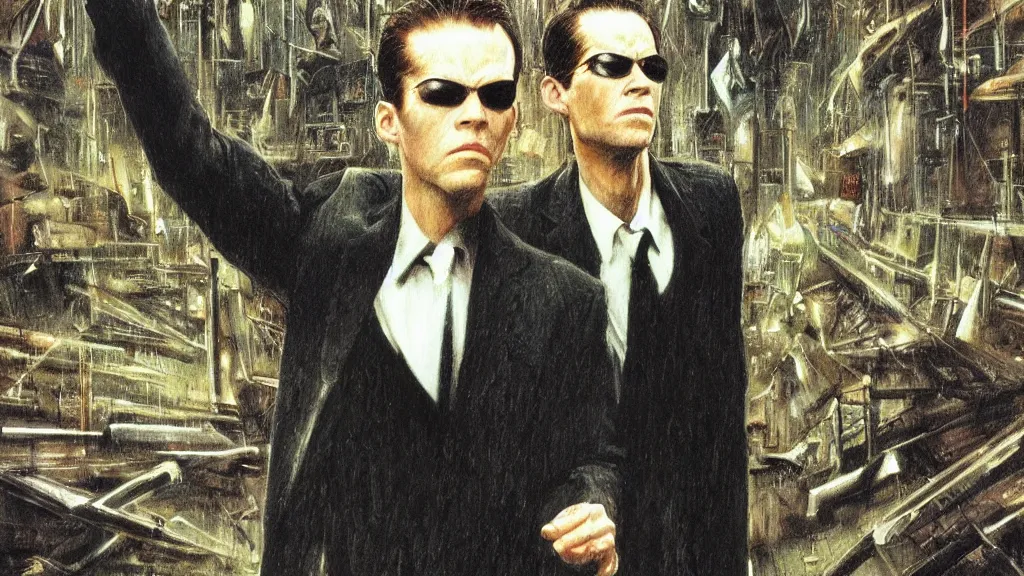 Prompt: an oil painting in the style of alan lee depictingneo fighting agent smith in the movie the matrix ( 1 9 9 9 )