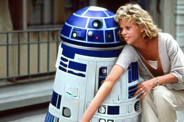 Image similar to a movie still from the 1989 romcom movie when Harry Met R2D2 starring Billy Crystal and Meg Ryan as R2D2