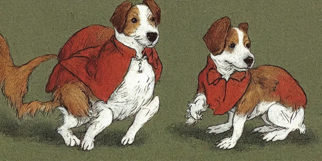 Image similar to jack russel dog, idle animation, sprite sheet illustrated by peggy fortnum and beatrix potter and sir john tenniel