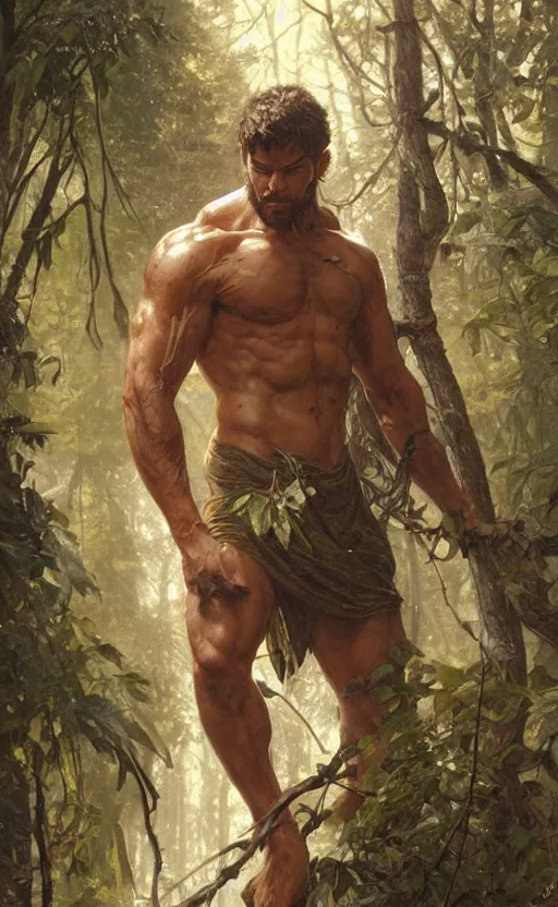 Prompt: god of the forest, 30 years old, rugged, male, gorgeous, detailed face, amazing, thighs!!!!!!, muscular, intricate, highly detailed, digital painting, artstation, concept art, sharp focus, illustration, art by greg rutkowski and alphonse mucha