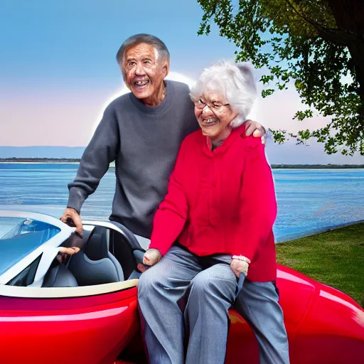 Image similar to 0 8 s photo of elder couple, pose like the new sweet lover in the paddle field with red super car, photo realistic, high - detail,