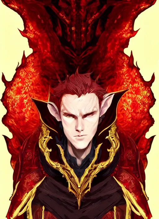 Image similar to Half body portrait of a handsome young red haired elven monk prince with dragon eyes, staff and red and golden ornate dragon robe. In style of Yoji Shinkawa and Hyung-tae Kim, trending on ArtStation, dark fantasy, great composition, concept art, highly detailed.